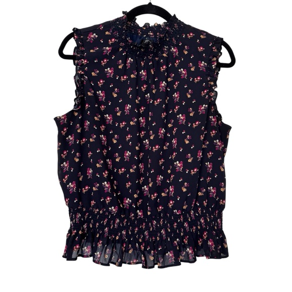 J. Crew‎ Navy Berry Ditsy Floral Ruffle Smocked Sleeveless Top - Picture 2 of 5